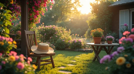 A stunning 3D render of a picturesque garden setting. A straw hat is placed gracefully on a wooden chair, while vibrant flowers bloom in pots on a nearby table. The warm tones of the scene are enhanced by the soft, golden lighting that casts gentle shadows. The ultra-HD photo-realistic image captures the high dynamic range, with sharp details and subtle textures that bring the scene to life. This composition evokes a sense of tranquility and relaxation, inviting the viewer to immerse themselves in the garden's beauty.