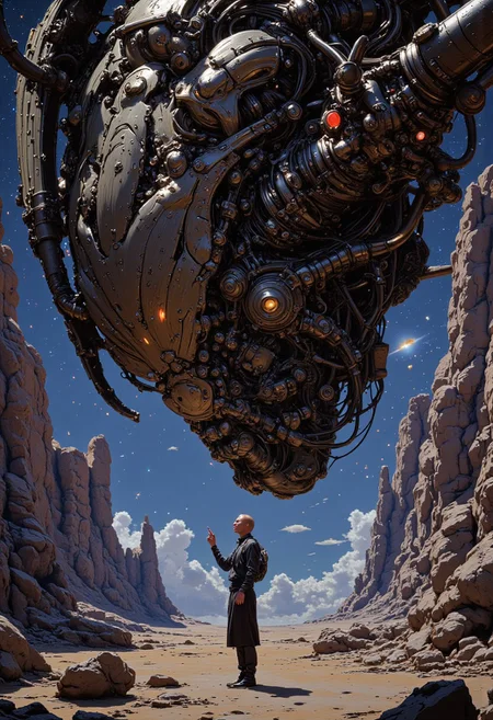 In a surreal alien landscape inspired by the works of Moebius and Chris Foss, a colossal, mechanical creature looms over a barren terrain. Its intricate design features vibrant colors and fluid lines, reminiscent of comic book artistry blending into reality. The background showcases towering rock formations painted in iridescent hues, while a sky filled with swirling galaxies and cosmic phenomena creates a sense of infinite wonder. In the foreground, a small, humanoid figure in a sleek spacesuit stands, gazing up in awe, holding a glowing orb that pulses with energy. The atmosphere is charged with mystery and adventure, as if inviting the viewer to explore the unknown depths of the universe, blending whimsy and terror in a beautiful chaos.D4rkCyb3rDyn34n1m3 style, S1n0z1ck style, perfection style