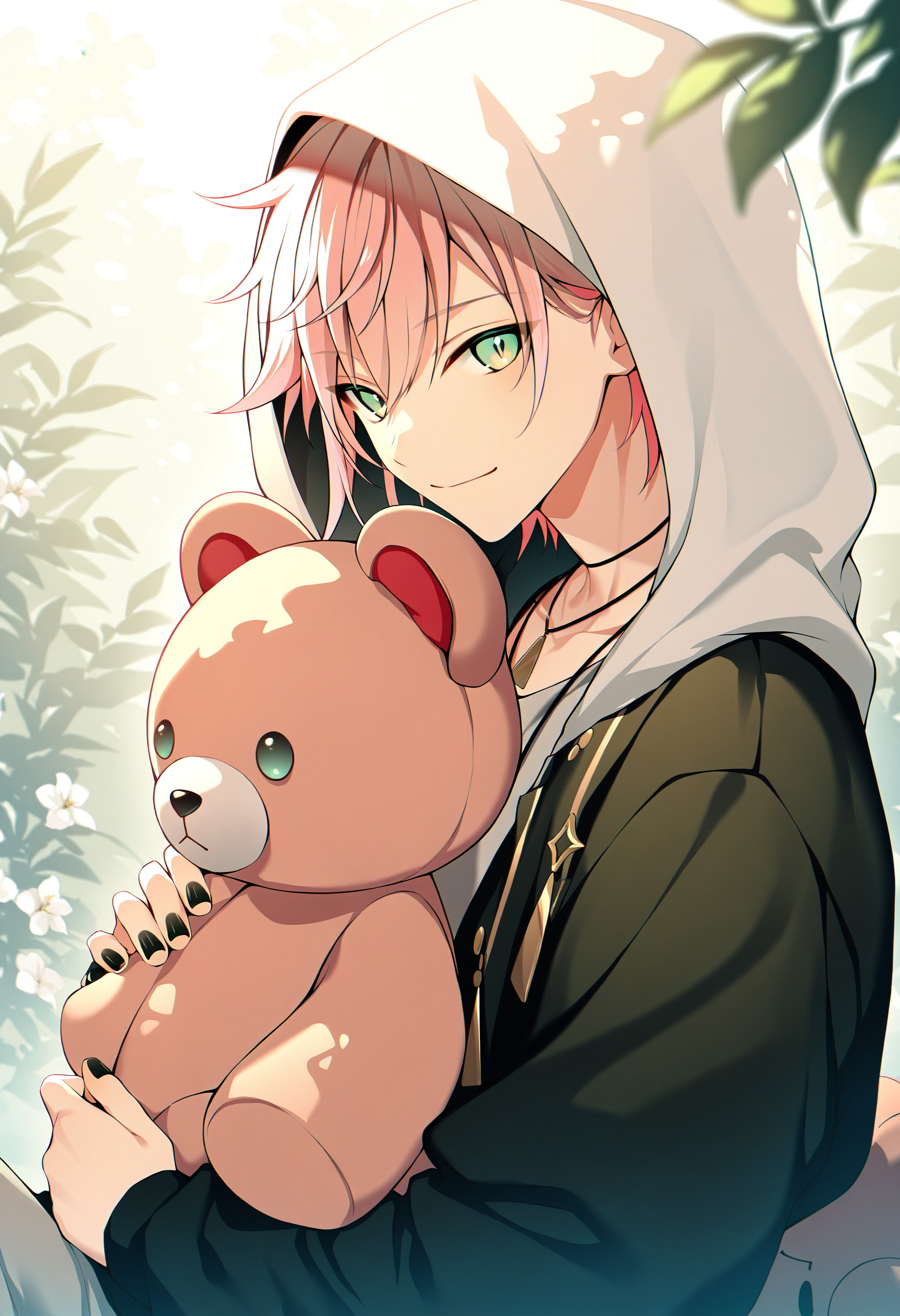 rikka \(holostars\), 1boy, male focus, green eyes, solo, teddy bear, holding stuffed toy, smile, black nails, hair between eyes, necklace, white hoodie, long sleeves, hood up, pink hair, white flower, closed mouth, multicolored hair, animal hood, leaf, black jacket,
looking at viewer, from side, sitting, dappled sunlight,
masterpiece, best quality, very aesthetic, absurdres
<lora:holostars_allmems_illustrious_v1:1>
<lora:illustrious_noobai_epsilon_pred_1_masterpieces_v1:1>