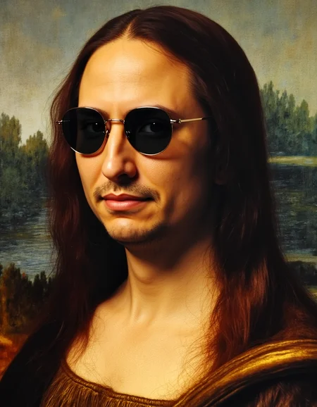 Renaissance style Best quality masterpiece portrait of Bygonepath wearing sunglasses as the mona lisa by leonardo da vinci, <lora:Bygonepath-000001:1> . realistic, perspective, light and shadow, religious or mythological themes, highly detailed