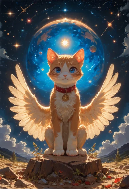 detailed background,Cinematic Lighting,film grain,score_9,score_8_up,score_7_up,zPDXL2,masterpiece,best quality,highly detailed,glowing,hand person,Expressiveh, <lora:(增强)sdxl_lightning_8step_lora:1>,<lora:glowneon_xl_v1:1>, <lora:(增强)Hands XL 4:1>,<lora:(增强)Expressive_H-000001:0.8>, <lora:Vixon\Vixon's Pony Styles Astro:0.8> , looking at viewer, blue eyes, jewelry, wings, sky, collar, no humans, animal, cat, star \(sky\), feathered wings, starry sky, angel wings, white wings, space, animal focus, planet, earth \(planet\), 4str0,