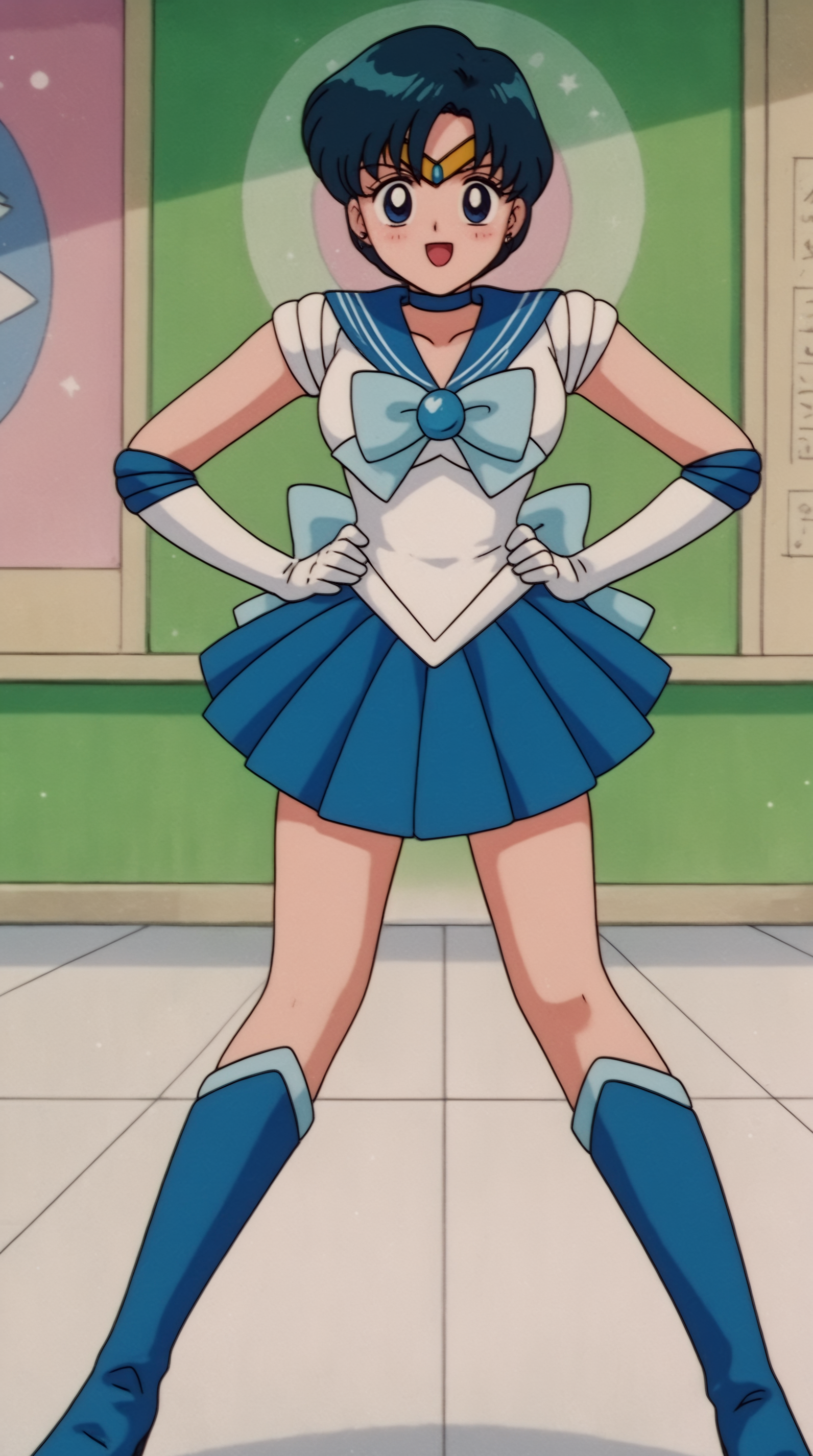 score_9, score_8_up, score_7_up, best background, detailed background, 4k, upscale, anime_source  Ami Mizuno, Sailor Outfit, high knees boots, blue boots, blue skirt, hands on hips, blush, happy, indoors,  <lora:JN_Ami_Mizuno_Pony:0.8>