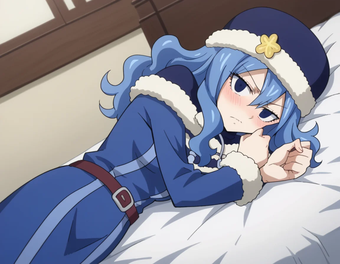 score_9, score_8_up, score_7_up, source_anime,
juvialockser, <lora:juvia-lockser-s7-ponyxl-lora-nochekaiser:1>,
juvia lockser, long hair, blue eyes, blue hair, wavy hair, hair between eyes,
hat, dress, belt, fur trim, fur hat, capelet, blue dress, long sleeves,
indoors, bed, bed room, on side, blush, drunk,
looking at viewer, cowboy shot, dutch angle,