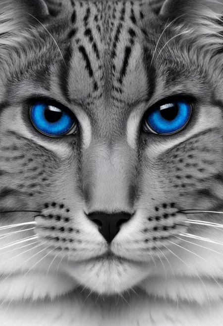 cats face, (Black and white image, blue Accent)