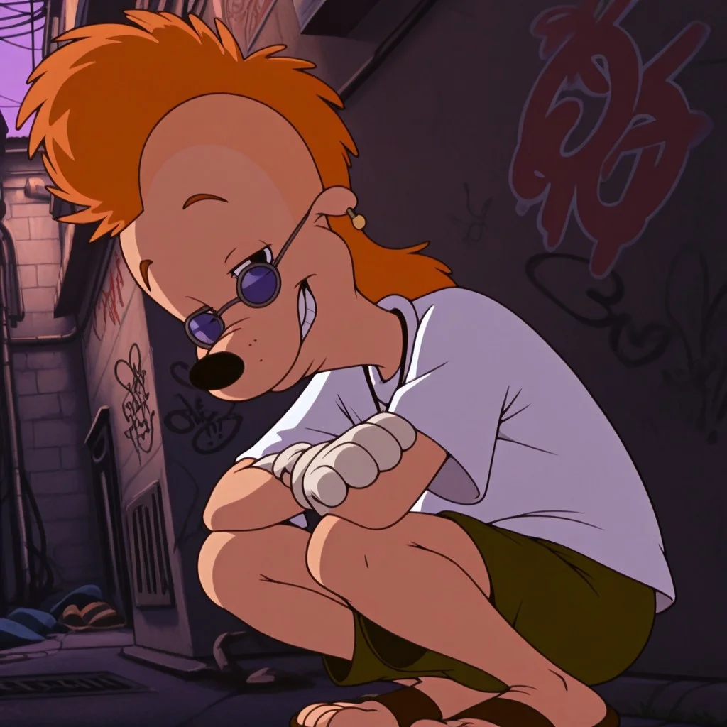 masterpiece, best quality, amazing quality, official style, r0b3rtz1m, male, furry male, anthro, solo, orange hair, long hair, mohawk, black nose, small ears, slightly chubby, sunglasses, earring, necklace, white gloves, white t-shirt, green shorts, sandals, crouching, smirk, crossed arms, looking at viewer, outdoors, alley, graffiti, low angle, dynamic pose