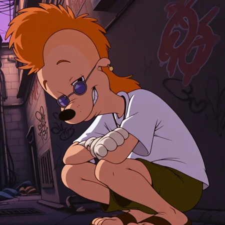 masterpiece, best quality, amazing quality, official style, r0b3rtz1m, male, furry male, anthro, solo, orange hair, long hair, mohawk, black nose, small ears, slightly chubby, sunglasses, earring, necklace, white gloves, white t-shirt, green shorts, sandals, crouching, smirk, crossed arms, looking at viewer, outdoors, alley, graffiti, low angle, dynamic pose