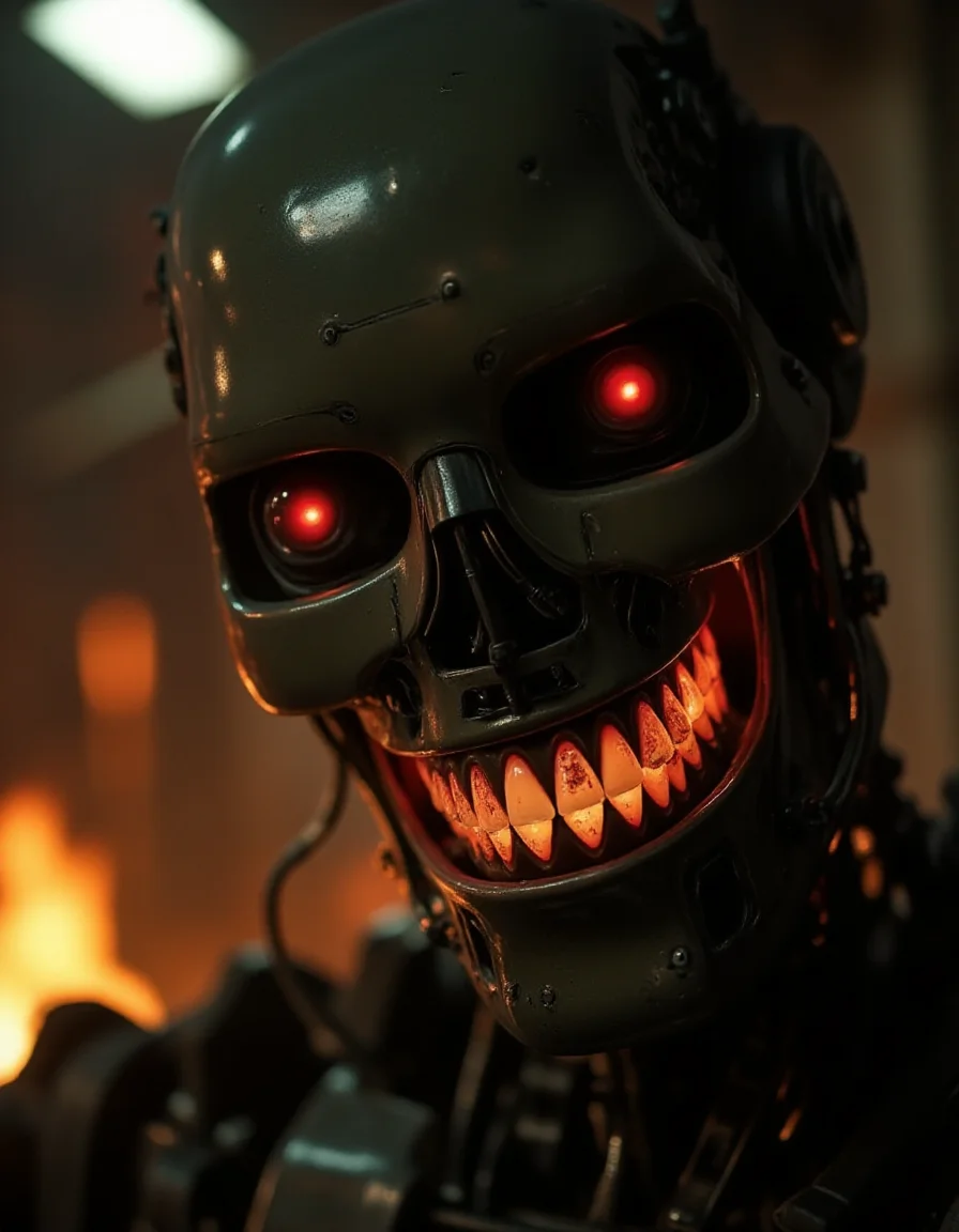 Emerging from the shadows of a burning post-apocalyptic city, the T-800âs skeletal frame gleams menacingly in the flickering firelight. When it opens its jaw, the ral-rbotth inside are revealedâstartlingly human teeth with fine cracks and faint discoloration, adding a disturbingly organic quality to its otherwise cold, metallic form. The teeth glint as if wet, making the fusion of human and machine feel terrifyingly real.
<lora:ral-rbotth-flux_000003000:1>
