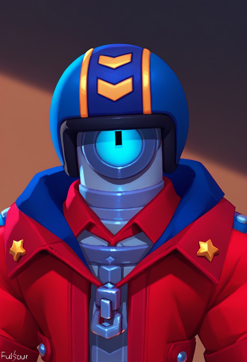 score_9_up, score_8_up, score_7_up, solo, 1boy, bs_stu, robot, blue helmet, red jacket, blue cloak, portrait,
