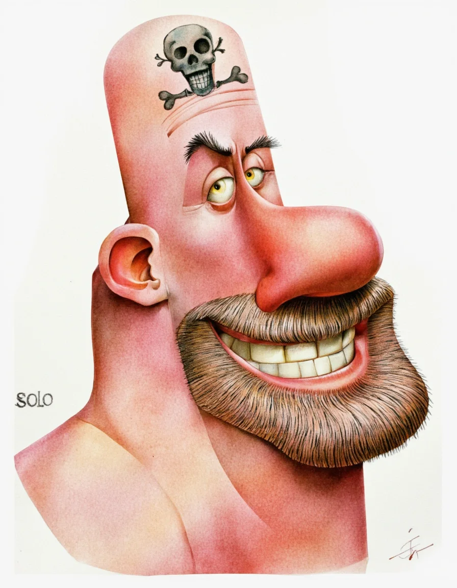 Art by Jean-Baptiste Vendamme. A watercolor cartoon-style illustration from a portrait camera angle about a cartoonish character with a pirate-like appearance, featuring a muscular, bald, pinkish-skinned man with a skull and crossbones tattoo on his forehead. the man, who appears to be a middle-aged man, is facing the viewer with a wide, mischievous grin, yellow eyes, and sharp teeth. he has a thick, bushy beard and mustache, and is depicted in a close-up shot, focusing on his face and upper body. the background is plain white, and the artist's signature is visible in the bottom left corner. the character is in the middle of the image, with a watermark "solo" in the corner.