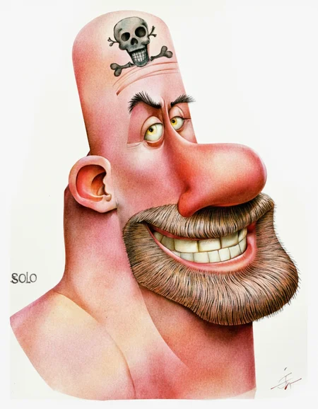 Art by Jean-Baptiste Vendamme. A watercolor cartoon-style illustration from a portrait camera angle about a cartoonish character with a pirate-like appearance, featuring a muscular, bald, pinkish-skinned man with a skull and crossbones tattoo on his forehead. the man, who appears to be a middle-aged man, is facing the viewer with a wide, mischievous grin, yellow eyes, and sharp teeth. he has a thick, bushy beard and mustache, and is depicted in a close-up shot, focusing on his face and upper body. the background is plain white, and the artist's signature is visible in the bottom left corner. the character is in the middle of the image, with a watermark "solo" in the corner.