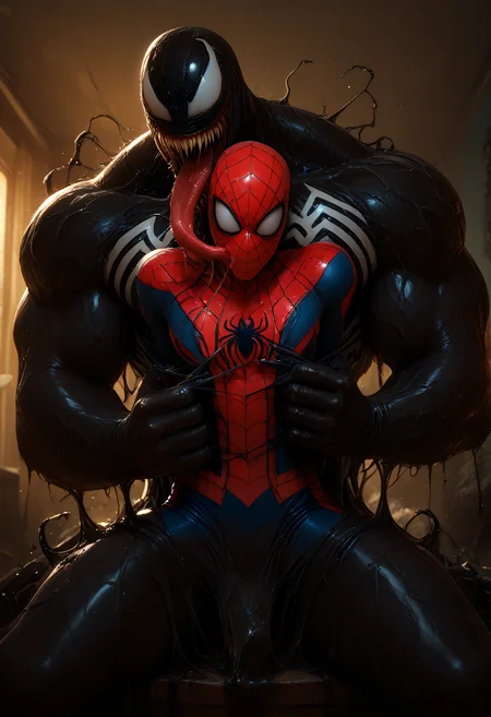 embedding:Illustrious\Positive\IllustriousQual, embedding:Illustrious\Positive\IllusP0s, venom_assimilation, transformation, black slime (substance), 2boys, venom, spider-man, appendage, razor-sharp teeth, muscular male, tongue out, absorption, corruption, merging, best quality, high resolution, masterpiece.