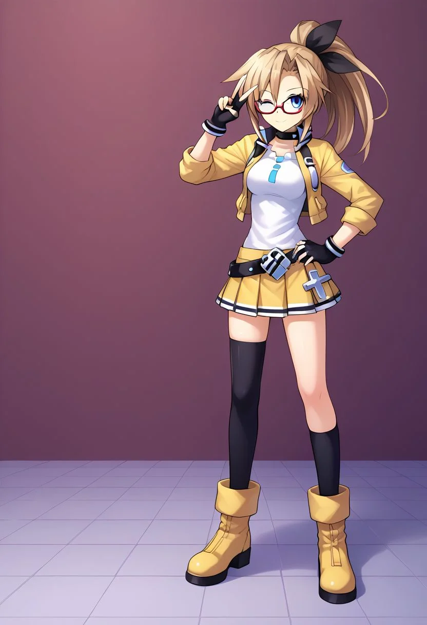 score_9, score_8_up, score_7_up, source_anime,(1girl), solo, IF \(neptunia)\, blonde hair, ponytail, short ponytail, blue eyes, ((((tall female, long legs, medium breasts)))), (((((red rimmed glasses, fingerless gloves, yellow skirt, pleated skirt, miniskirt, leather belt, yellow vest, white shirt, white shirt, white shirt, ribbed shirt, sweater shirt, yellow boots, leather boots, yellow jacket, cropped jacket, long sleeves, thick thighs, zettai ryouiki, wide hips, thin waist, black thigh highs, black bow))))), (((((winking))))), (((((thigh highs))))), hand on hip, v sign, smiling, cute pose