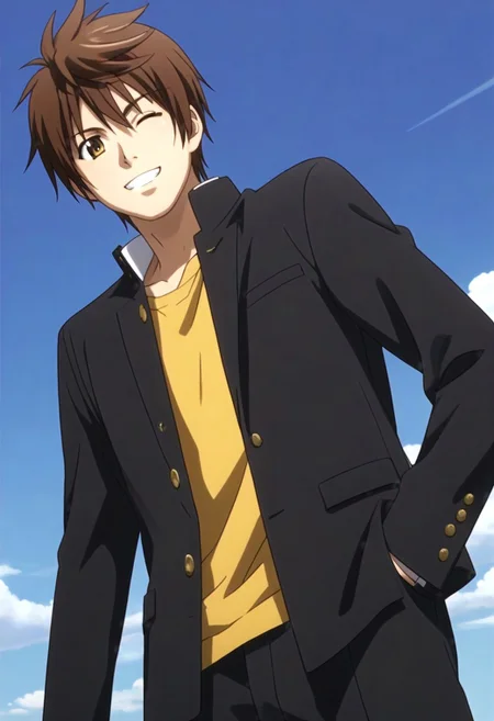 ((masterpiece)), ((best quality)), ((ultra-detailed)), ((absurdres)), score_9_up, score_8_up, score_7_up,
HD, top quality, best quality, amazing quality, High-quality illustrations, anime screencap, source_anime, best aesthetic, perfect proportions, perfect eyes, 1boy, 1male, solo boy, solo male, male focus, solo male focus, Anime, boy, male anime character, anime boy, handsome, cute, charming, sexy, good-looking, Yoshiharu Sagara, brown hair, yellow-brown eyes, black plain gakuran blazer, school uniform, yellow shirt, black pants, ((slim body, lean body)), ((historical japanese background, blue white sky, wide fields)), ((cowboy shot, head to hips shot)), ((front view, front shot, facing front, view from the front)), ((smile, one eye closed)), ((teasing expression, flirting expression))