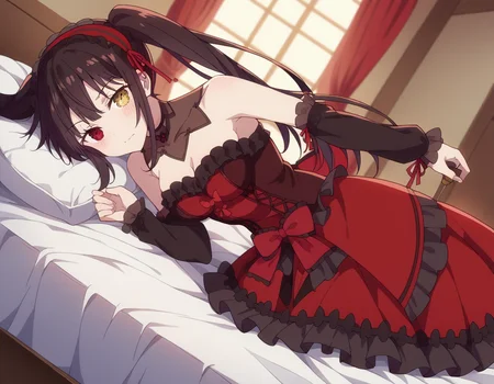 score_9, score_8_up, score_7_up, source_anime,
kurumitokisaki, <lora:kurumi-tokisaki-movie-ponyxl-lora-nochekaiser:1>,
kurumi tokisaki, black hair, red eyes, long hair,
twintails, yellow eyes, hairband, heterochromia, dress, red dress, bare shoulders, collarbone, choker, bowtie, red bowtie, detached sleeves, corset, frills, cleavage,
indoors, bed, bed room, on side, blush, drunk,
solo, dutch angle, looking at viewer, cowboy shot,