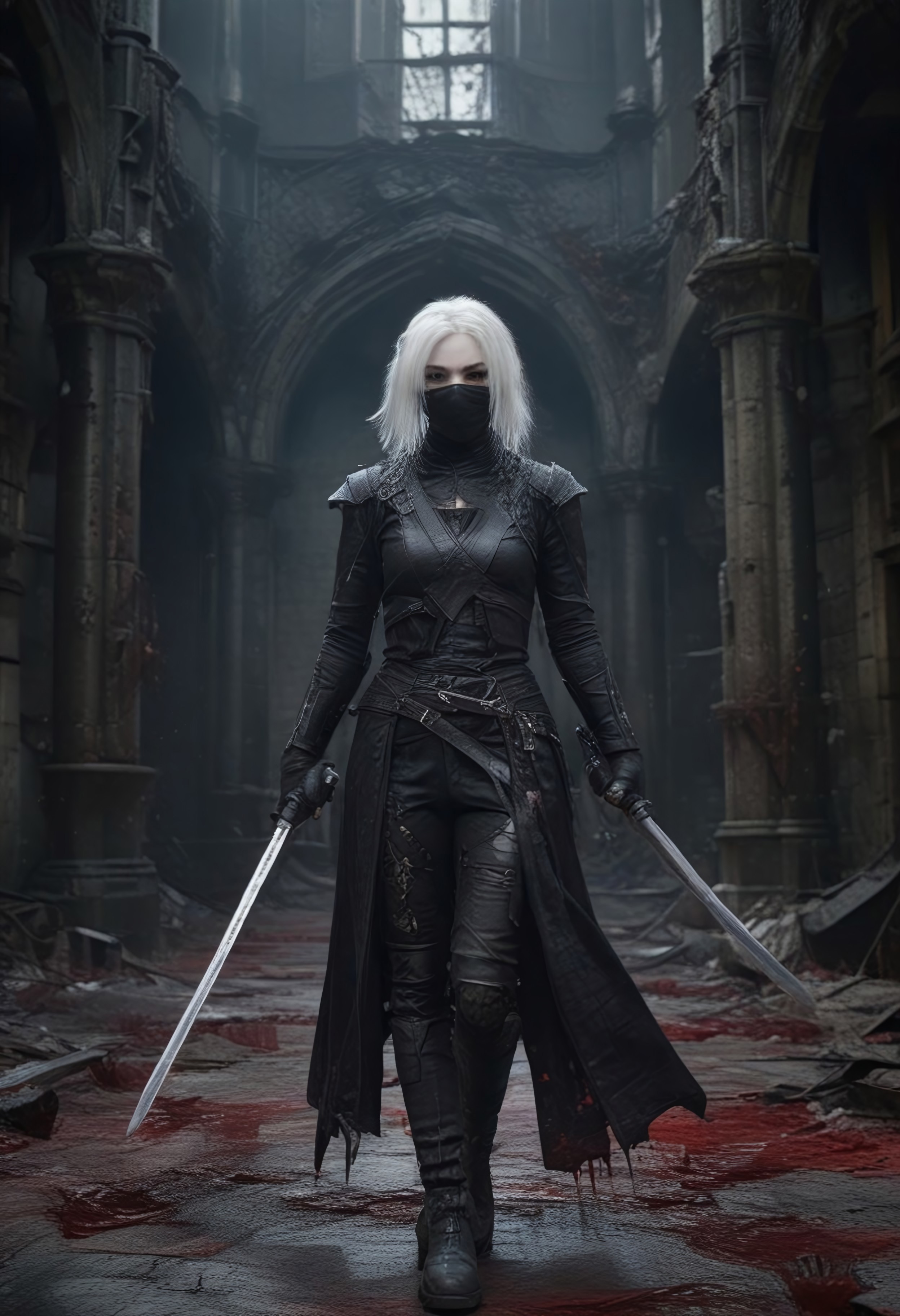 masterpiece,best quality,amazing quality, A vibrant CGI image features a masked assassin  rich in ink and blood splatter and creating a dark, unsettling atmosphere, castle room in background,  belt, 1girl, sword, weapon, mask, solo, white hair, gloves, katana, blurry background easynegative, ng_deepnegative_v1_75t