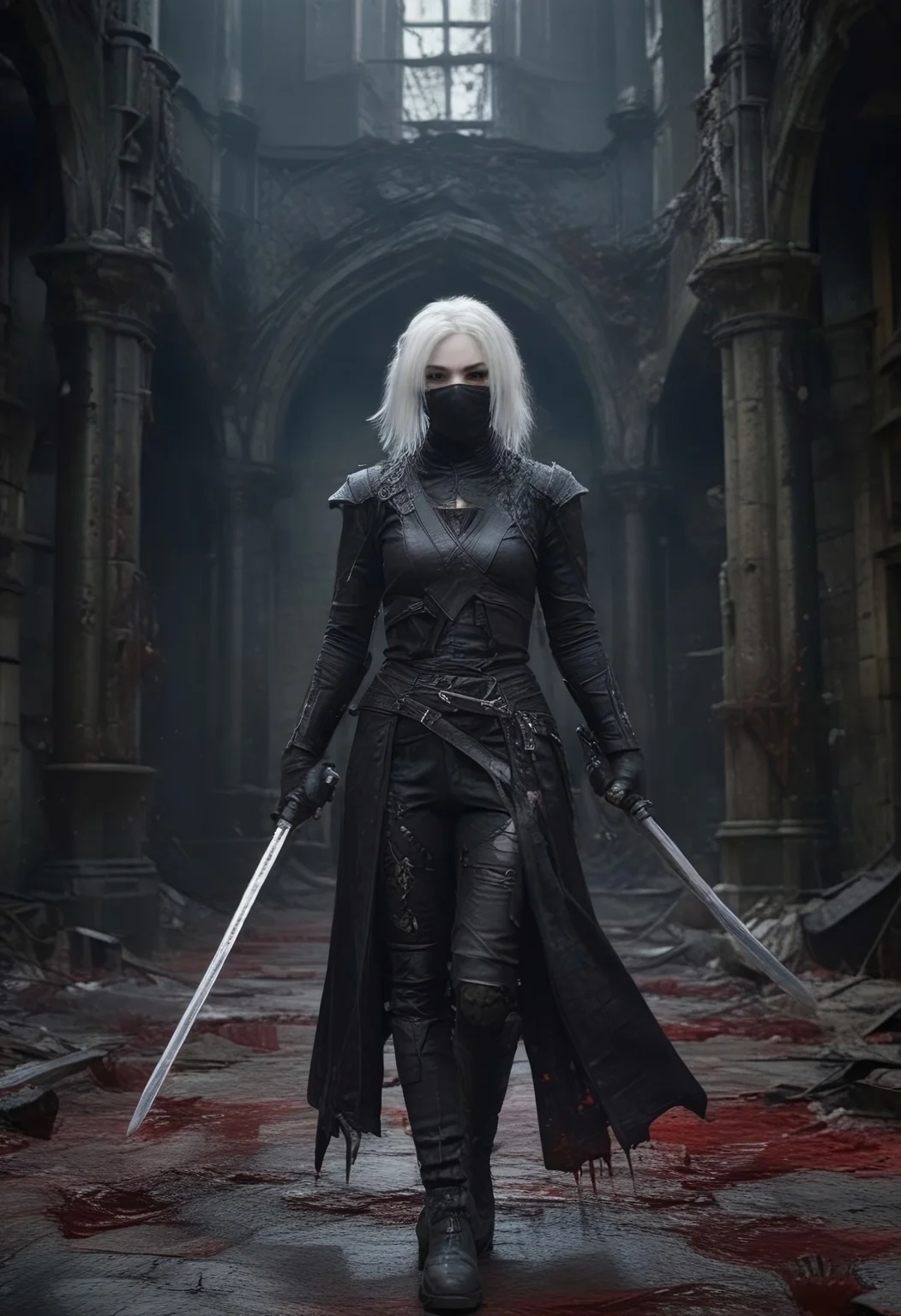 masterpiece,best quality,amazing quality, A vibrant CGI image features a masked assassin rich in ink and blood splatter and creating a dark, unsettling atmosphere, castle room in background, belt, 1girl, sword, weapon, mask, solo, white hair, gloves, katana, blurry background easynegative, ng_deepnegative_v1_75t