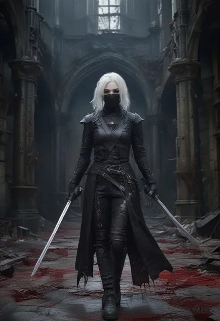 masterpiece,best quality,amazing quality, A vibrant CGI image features a masked assassin rich in ink and blood splatter and creating a dark, unsettling atmosphere, castle room in background, belt, 1girl, sword, weapon, mask, solo, white hair, gloves, katana, blurry background easynegative, ng_deepnegative_v1_75t