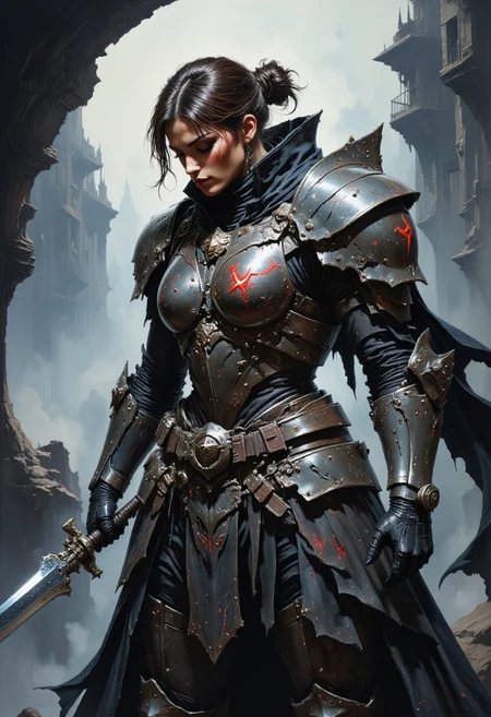 A gritty, super-close shot of a rogue knightess, her upper body twisted and angled in a dynamic, defiant pose. Her armor, tarnished and cracked, has been ripped open on one side, exposing a raw, muscle-toned torso covered in a mix of dirt, blood, and soot. A jagged piece of her shoulder guard hangs loose, barely connected, while another neon-blue crack runs down her exposed skin like electric veins, lighting up the damage. Her left arm, strong and bare, clenched into a fist, raises a sword, the blade glowing faintly with an ominous crimson hue. You can feel the weight of her defiance in that moment—the scars on her body, her tattered cloak fluttering violently, catching the broken wind of the ruined city around her. Her hair, matted with blood and dust, flies wild in every direction as she faces an unseen threat. One of her eyes is hidden behind a piece of shattered armor, but the other gleams with rebellious fire, daring anyone to approach. She’s the last knight standing in a world that’s already fallen, and she’s ready to burn it all down.