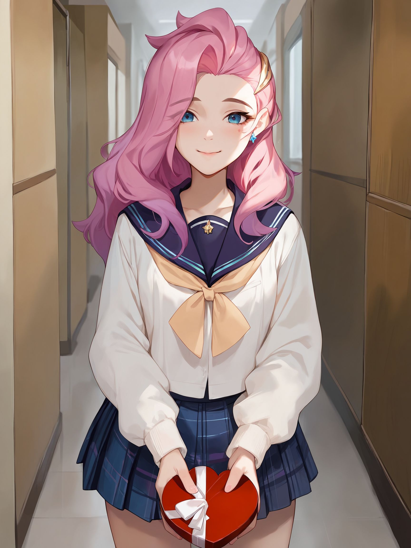 score_9, score_8_up, score_7_up, score_6_up, score_5_up, score_4_up, source_anime,
1girl, seraphine <lora:seraphine-PD-1.0:1>,
school hallway, school uniform, waiting, blush, standing, valentines chocolate, holding gift, confession, looking at viewer