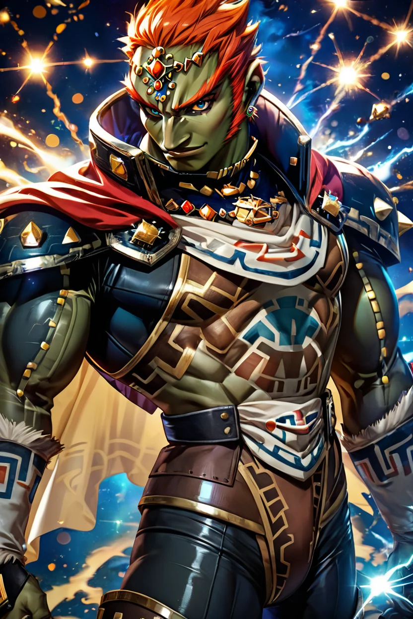 score_9, score_8_up, score_8, BREAK, , ,,, (upper body), shiny armor, dark atmosphere, zzGanondorf, 1boy, red hair, dark skin, armor, gloves, jewelry, muscular, shoulder pads, short hair, cape, muscular, aura, <lora:Ganondorf_OoTZelda_PDXL:0.8>, ,,,, BREAK, (ultra realistic,32k, masterpiece:1.2),(high detailed skin:1.1),( high quality:1.1), head tilt, lips, closed mouth, shiny clothes, (upper body), looking at viewer, bokeh, luminescent background, ,,, embedding:zPDXL, Expressiveh, ,,, <lora:RlAnmPDXL:1.0>,