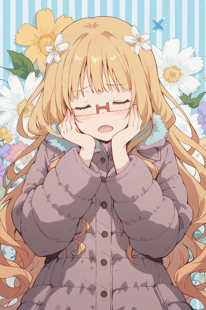 score_9, score_8_up, score_7_up, score_6_up,
<lora:Mitsuki_Sonoda:1> mitsuki, 1girl, long hair, solo, glasses, flower, hair ornament, hair flower, closed eyes, open mouth, blush, blonde hair, coat, striped background, hands on own face