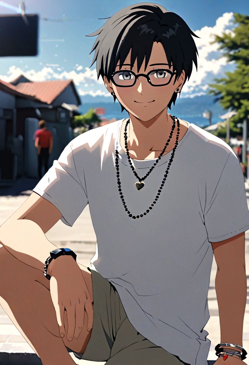 Highres, Masterpiece, High Quality, 4K, 8K, solo, 1Boy, Takaki Toono, adult, black hair, short hair, sunny, cloudy, posing, candid, sweet smile, photo model, earrings, necklace, bracelet, anklet, ring, fake glasses, easynegative, detailed_eye_model