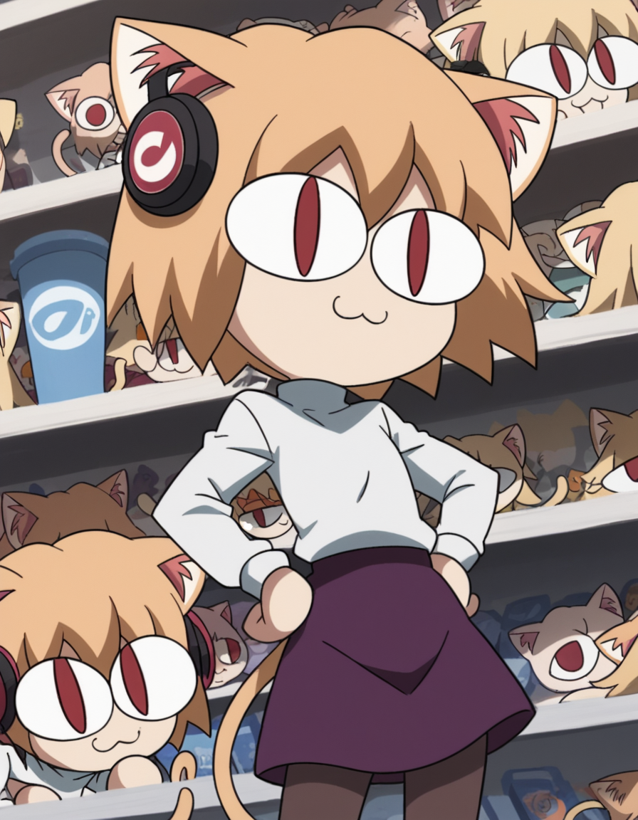 score_9, score_8_up, score_7_up, source_anime, <lora:carnivalphantasm-neco-arc-ova-ponyxl-lora-nochekaiser:1>, neco arc, short hair, blonde hair, red eyes, animal ears, tail, cat ears, chibi, cat tail, slit pupils,, skirt, pantyhose, sweater, purple skirt,, music store, browsing records, headphones, vinyl collection, nostalgic, smile, , smug, hand on hips,, solo,, dutch angle, cowboy shot