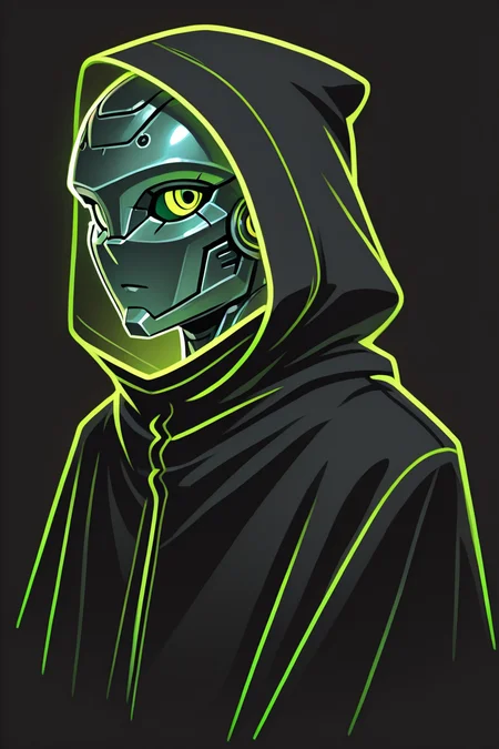 robot, portrait, black cloak, green eyes, expressionless, looking to the side, simple background, high quality, <lora:Glowline_Figures_IL:1> glowline_figures