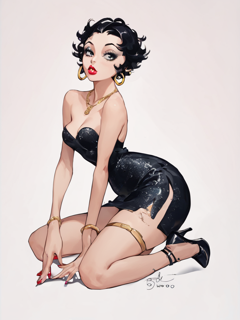 score_7_up, score_8_up, score_9, masterpiece, perfect face, high quality, source_anime, (1girl, solo,) <lora:Betty_Boop_-_Talkartoon:1> bettyboop, black hair, short hair, hoop earrings, dress, strapless, high heels, lipstick, makeup, cleavage
