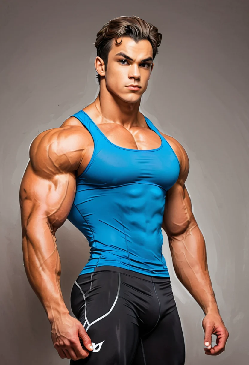 (cartoon sketch style with strong lineart strokes:1.4), BESIDE , dynamic pose, (upper body) ,arrogant 17 year old, 1boy ,young face, solo,teenager,
[oil painting:graphite sketch:0.45].
wearing compression tights:laycra, (compression tank top:1.4),
color block background:dynamic scene.
 <lora:add-detail-xl:0.8> <lora:xl_more_art-full_v1:0.8>, 
BREAK,
 <lora:bodybuildingsex:0.45> bodybuildingsex,massive pectoral,large pecs, (thick thighs), beefy muscle,
BREAK,
Handmade and unfinished drawing style thick strokes and sketch style: [based on DC comics:based on dragon ball comics:0.65].