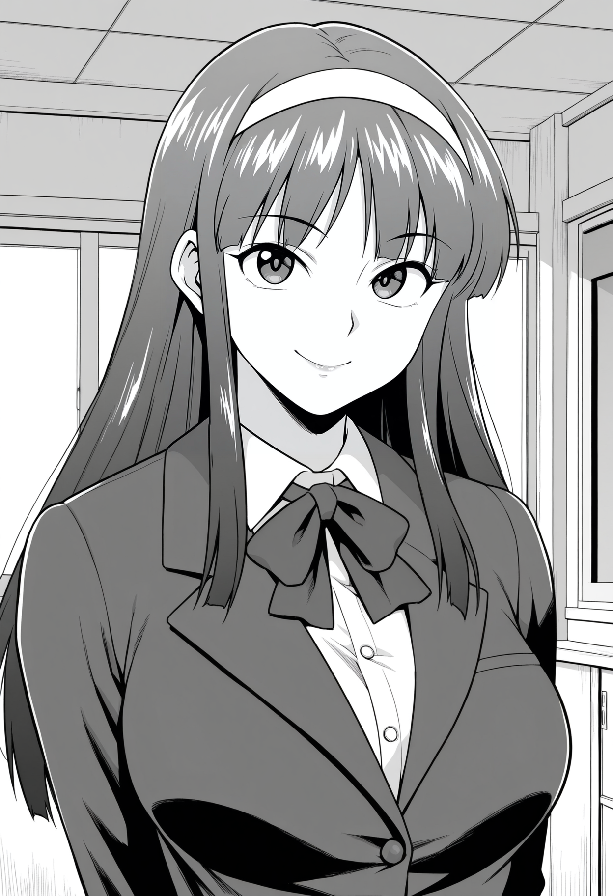 1girl,solo,mm,mature female,long hair,hairband,breasts,greyscale,monochrome,
school uniform,shirt,jacket,upper body, looking at viewer, smile,indoors
,masterpiece,best quality,amazing quality,<lora:Sayaka_Yumi-Mazinger_Angels:0.8>