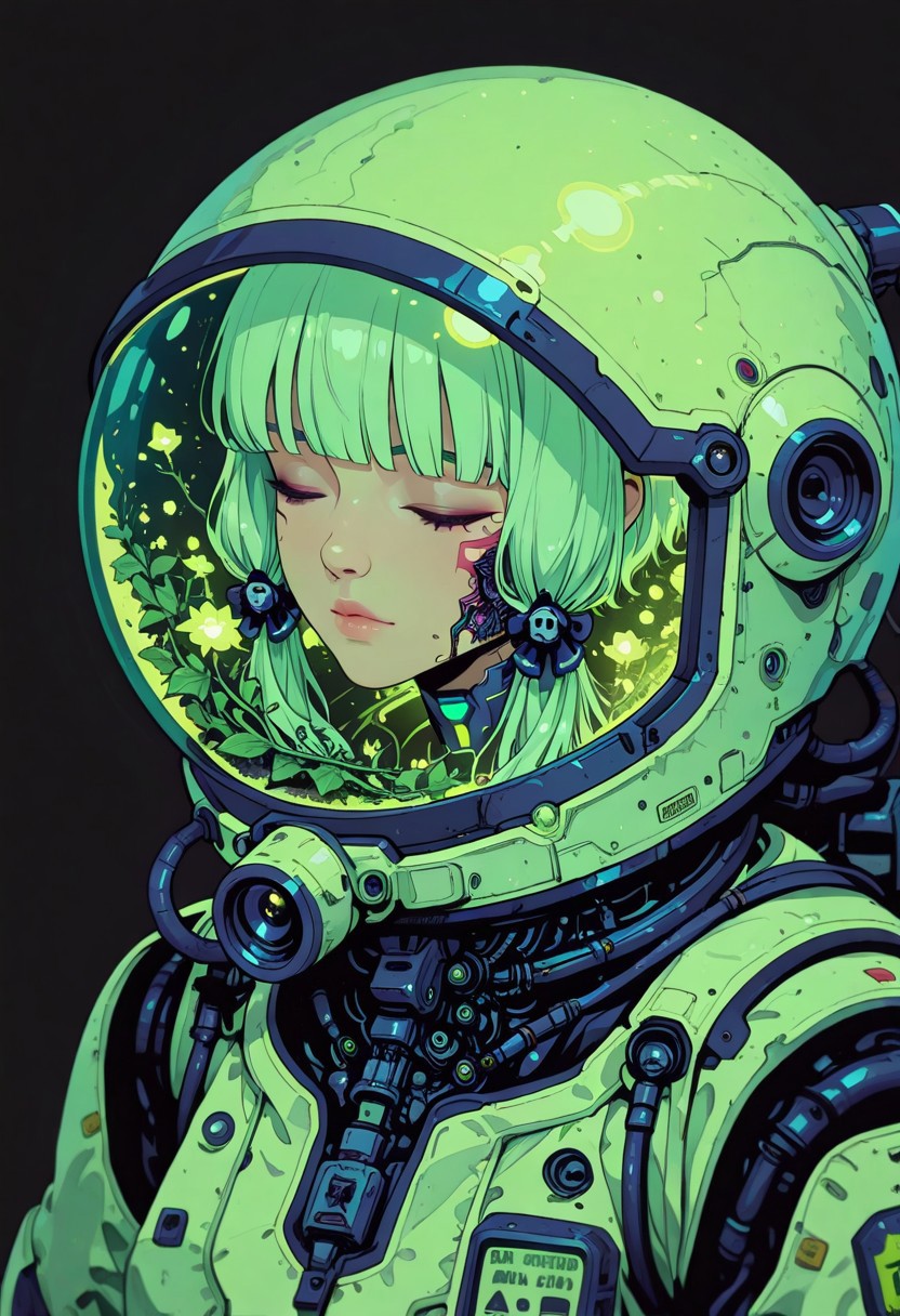 <lora:ck-shadow-circuit-IL:0.78>,
masterpiece, best quality, good quality, very aesthetic, absurdres, newest, 8K, depth of field, focused subject,
1girl, solo, A highly detailed anime-style illustration of a young astronaut with a transparent space helmet, filled with lush green plants and glowing flowers. Her face is calm, eyes gently closed, as if in deep thought or sleep. The helmet acts as a self-sustaining biosphere, with vines growing inside. The suit is a fusion of futuristic cyberpunk aesthetics and organic elements, featuring metallic tubes and intricate bio-mechanical details. The lighting is soft and warm, casting a golden glow on the plants and the astronaut’s delicate face. The background is minimalistic, textured, and slightly aged, emphasizing a dreamlike, melancholic atmosphere. Style: semi-realistic, anime, soft shading, high detail, sci-fi botanical theme
 , black background
<lora:MoriiMee_Gothic_Niji_Style_Illustrious_r1:0.45>
<lora:ck-nc-cyberpunk-IL-000011:0.4>
<lora:ck-neon-retrowave-IL:0.2>