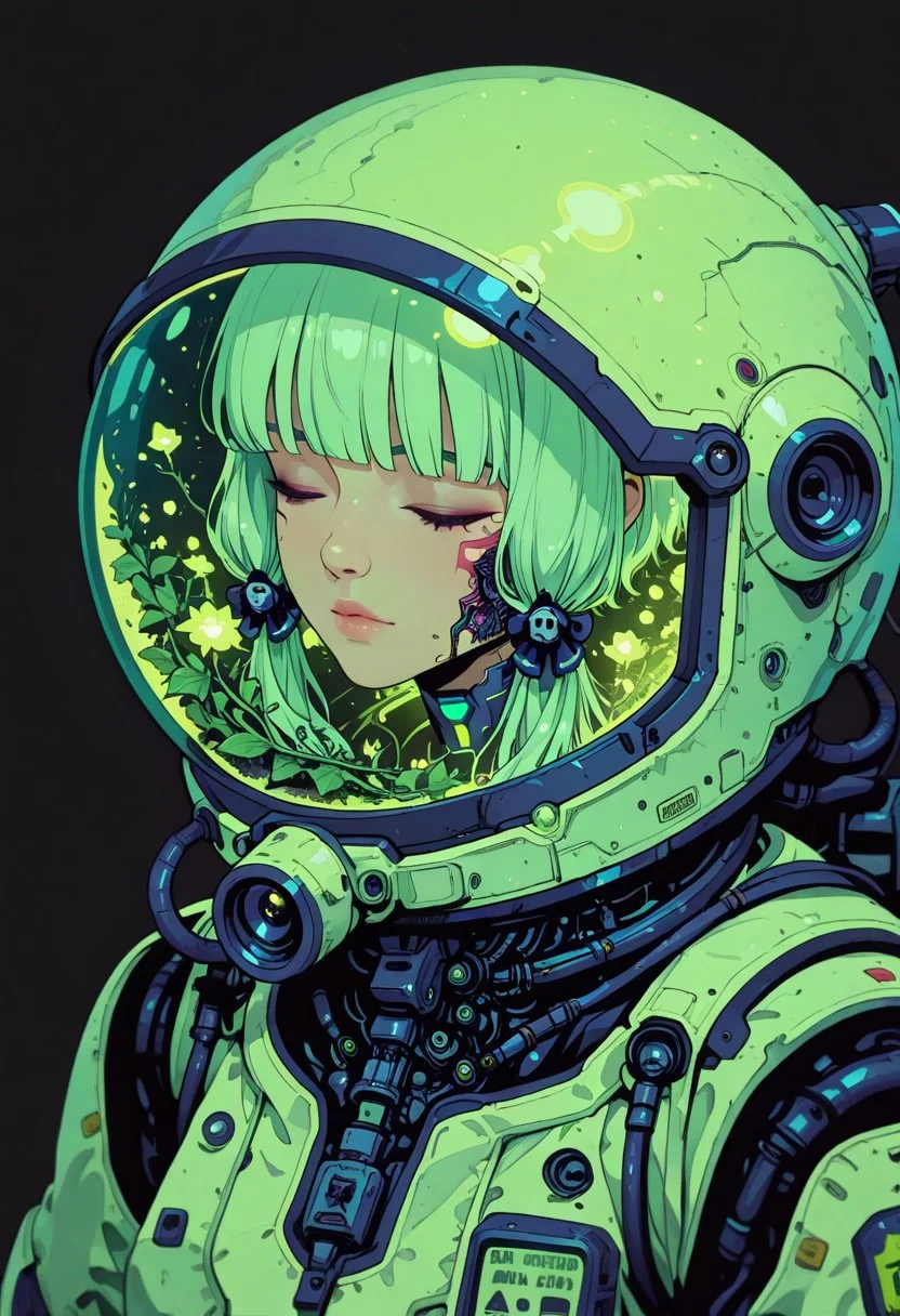 <lora:ck-shadow-circuit-IL:0.78>,
masterpiece, best quality, good quality, very aesthetic, absurdres, newest, 8K, depth of field, focused subject,
1girl, solo, A highly detailed anime-style illustration of a young astronaut with a transparent space helmet, filled with lush green plants and glowing flowers. Her face is calm, eyes gently closed, as if in deep thought or sleep. The helmet acts as a self-sustaining biosphere, with vines growing inside. The suit is a fusion of futuristic cyberpunk aesthetics and organic elements, featuring metallic tubes and intricate bio-mechanical details. The lighting is soft and warm, casting a golden glow on the plants and the astronaut’s delicate face. The background is minimalistic, textured, and slightly aged, emphasizing a dreamlike, melancholic atmosphere. Style: semi-realistic, anime, soft shading, high detail, sci-fi botanical theme
 , black background
<lora:MoriiMee_Gothic_Niji_Style_Illustrious_r1:0.45>
<lora:ck-nc-cyberpunk-IL-000011:0.4>
<lora:ck-neon-retrowave-IL:0.2>