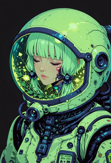 <lora:ck-shadow-circuit-IL:0.78>,
masterpiece, best quality, good quality, very aesthetic, absurdres, newest, 8K, depth of field, focused subject,
1girl, solo, A highly detailed anime-style illustration of a young astronaut with a transparent space helmet, filled with lush green plants and glowing flowers. Her face is calm, eyes gently closed, as if in deep thought or sleep. The helmet acts as a self-sustaining biosphere, with vines growing inside. The suit is a fusion of futuristic cyberpunk aesthetics and organic elements, featuring metallic tubes and intricate bio-mechanical details. The lighting is soft and warm, casting a golden glow on the plants and the astronaut’s delicate face. The background is minimalistic, textured, and slightly aged, emphasizing a dreamlike, melancholic atmosphere. Style: semi-realistic, anime, soft shading, high detail, sci-fi botanical theme
 , black background
<lora:MoriiMee_Gothic_Niji_Style_Illustrious_r1:0.45>
<lora:ck-nc-cyberpunk-IL-000011:0.4>
<lora:ck-neon-retrowave-IL:0.2>