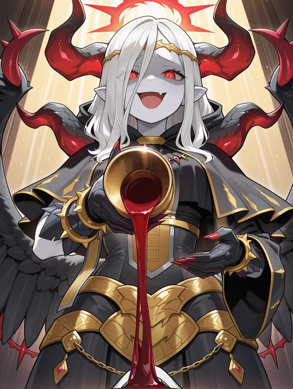 fallen angel,condemned darklord,1girl,skin fang,from below,solo,shaded face,open mouth,evil grin,holding chalice,pouring,looking at viewer,chalice,red nails,white skin,red halo,red wine,gold circlet,black gloves,black feathered wings,black dress,black capelet,1other,monster,light rays,
masterpiece,best quality,amazing quality,very aesthetic,absurdres,newest,<lora:Condemned Darklord illuXL v1.1:0.75>,