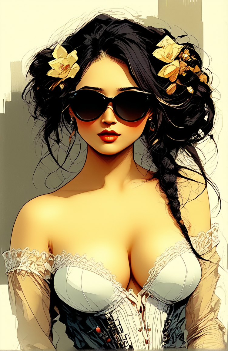 In_Impressionism_Style, 

colored sketch, intricate linework with expressive contrasts, soft lighting with 
score_9_up, score_8_up, score_7_up, score_9_up, score_8_up, score_7_up, best quality, ultra highres, Casual, Expressiveh, g0thicPXL, fFaceDetail, plain beige background, white border, dynamic lighting, PLRD, Polaroid photo, authentic Polaroid texture, retro aesthetic, BREAK 1 latina woman, (mexican: 1.3), (sweat on breasts) simple background, (mature: 1.2) (black hair: 1.5), (long hair: 1.3), (messy bun: 1.5), 34 years old, slender, golden jewellery, (large breasts), (saggy breasts: 1.3), (breasts exposed), (fully exposed breasts: 1.5), (black sunglasses), , right hand on hip, (unzipped white onesie: 1.4), original, perfect lighting, golden hour realistic skin, close up,