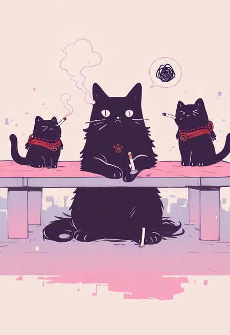 masterpiece, best quality, amazing quality, very aesthetic, absurdres, newest
Flatline, Flat vector illustration
a cat, no humans
smoking cigarette, holding cigarette, arm rest, bored, grumpy, spoken squiggle
blurry foreground
glitch effects
wtfisthis, vdsur, surreal <lora:spo_sdxl_10ep_4k-data_lora_webui:0.8> <lora:reij-detaILer_v2:0.4> <lora:Wtf-is-this-LoRA:0.8> <lora:Flatline_vector_illustration_v1.0:1> <lora:Vonderful_Psychasurreal:0.8>