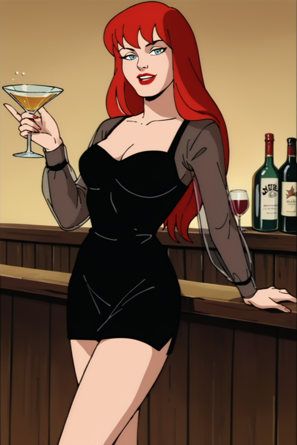 PonyXLV6_Scores, ((retro artstyle, parody), perfect anatomy, perfect eyes) <lora:add_details_xl:1> BREAK <lora:MJ90s:0.8> mary jane watson, long hair, red hair, lipstick, red lips, blue eyes, sultry eyes, naughty face, half- closed eyes, drunk, ((looking at viewer)), dress, black dress, see-through, long sleeves, arched back, teasing viewer, standing, relaxing at luxurious bar, legs crossed, flirting with viewer, indoors