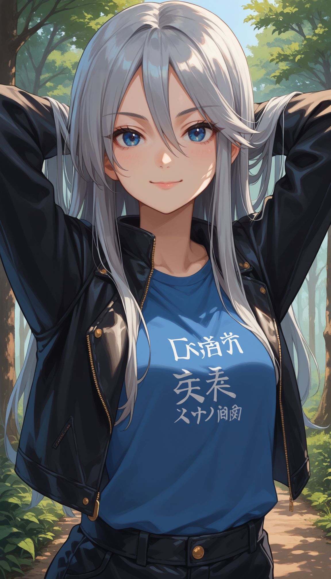 score_9, score_8_up, score_7_up, source_anime,
 <lora:GUPFlint:1> GUPFlint, 1girl, blue eyes, long hair, black jacket, blue shirt, smile, arms up, looking at viewer, leather jacket, upper body, closed mouth, open jacket, open clothes, tree, hair between eyes, grey hair, clothes writing, long sleeves, arms behind head