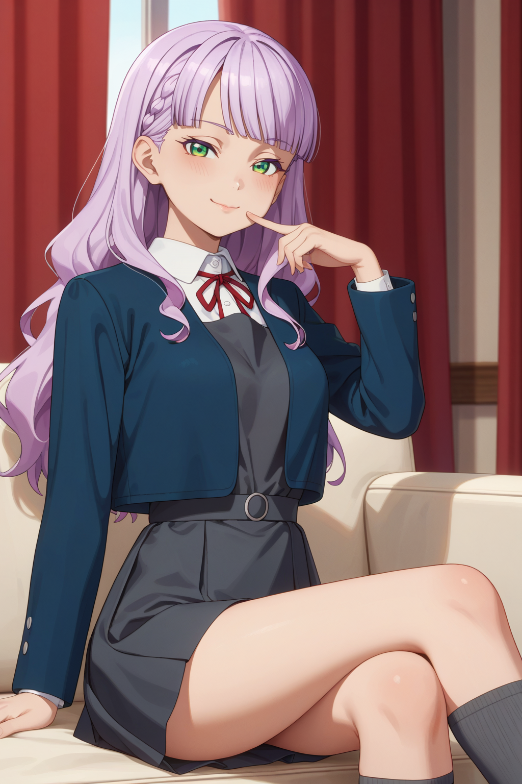 <lora:margarete_izo:0.8>
score_9, score_8_up, score_7_up, 1girl, solo,
margarete, long hair, light purple hair, green eyes,
medium breasts, yuigaoka school uniform, winter uniform, long sleeves open blue jacket, sleeveless grey pinafore dress, red neck ribbon, white collared shirt, grey socks,
seductive gaze, bedroom eyes, closed mouth, loving smile,
blush, looking at viewer, sitting, crossed legs, finger to mouth, shushing,
white couch, red curtains, blurry background,
