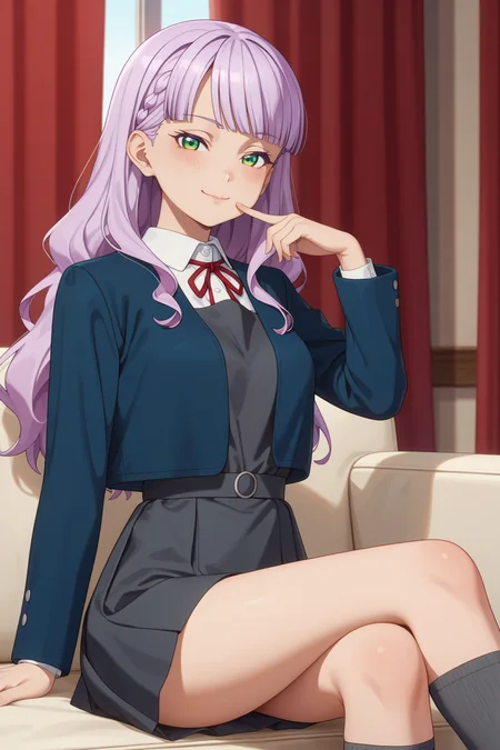 <lora:margarete_izo:0.8>
score_9, score_8_up, score_7_up, 1girl, solo,
margarete, long hair, light purple hair, green eyes,
medium breasts, yuigaoka school uniform, winter uniform, long sleeves open blue jacket, sleeveless grey pinafore dress, red neck ribbon, white collared shirt, grey socks,
seductive gaze, bedroom eyes, closed mouth, loving smile,
blush, looking at viewer, sitting, crossed legs, finger to mouth, shushing,
white couch, red curtains, blurry background,
