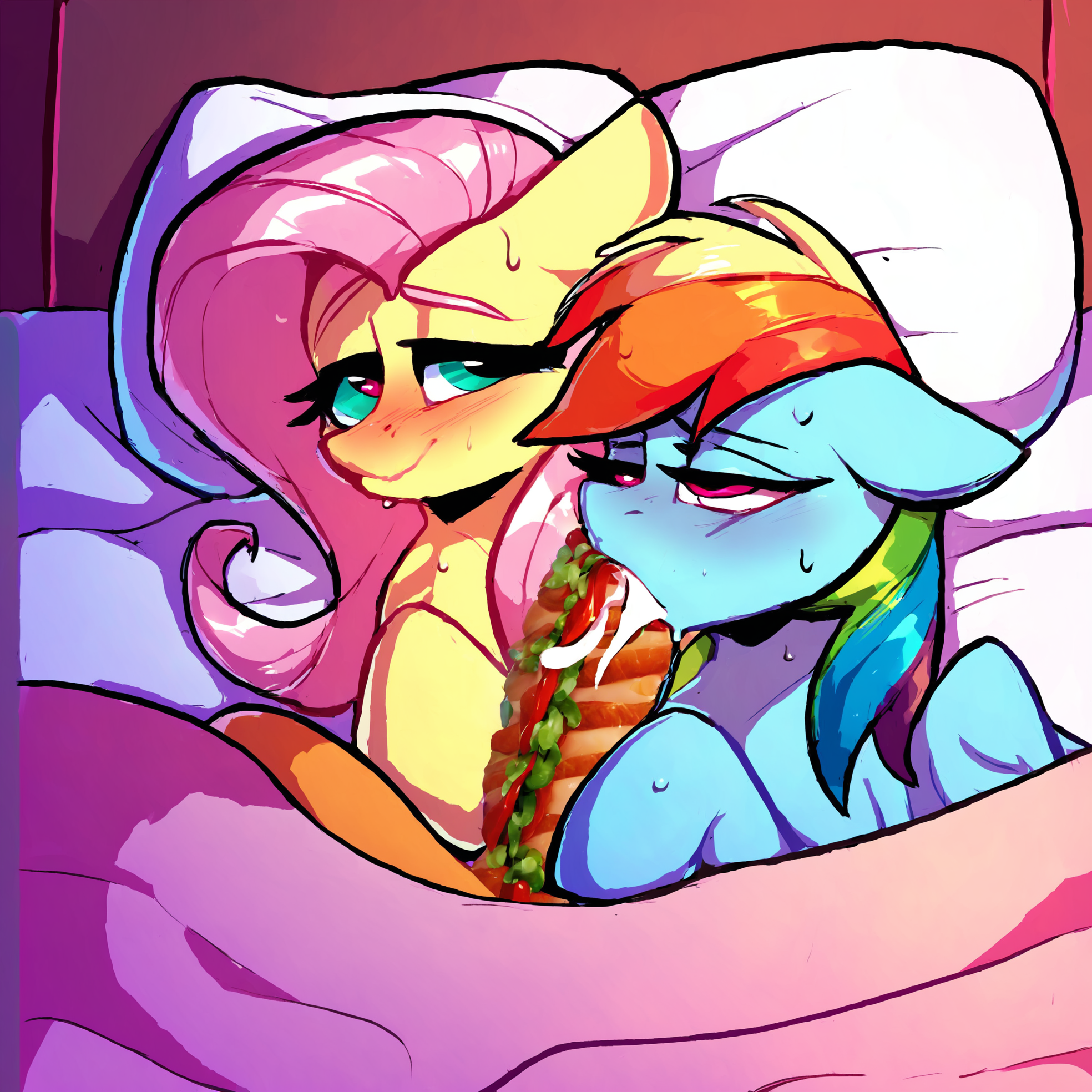 score_9, score_8_up, score_7_up, score_6_up, score_5_up, score_4_up, fluttershy performing fellatio on (rainbow dash) sandwich, eatfresh, freshcock, cum on body, full body, multiple girls, sweat, feral, bed, pillows, comfy, bedroom eyes, repressive, bedroom, <lora:EatfreshPDXL:1>