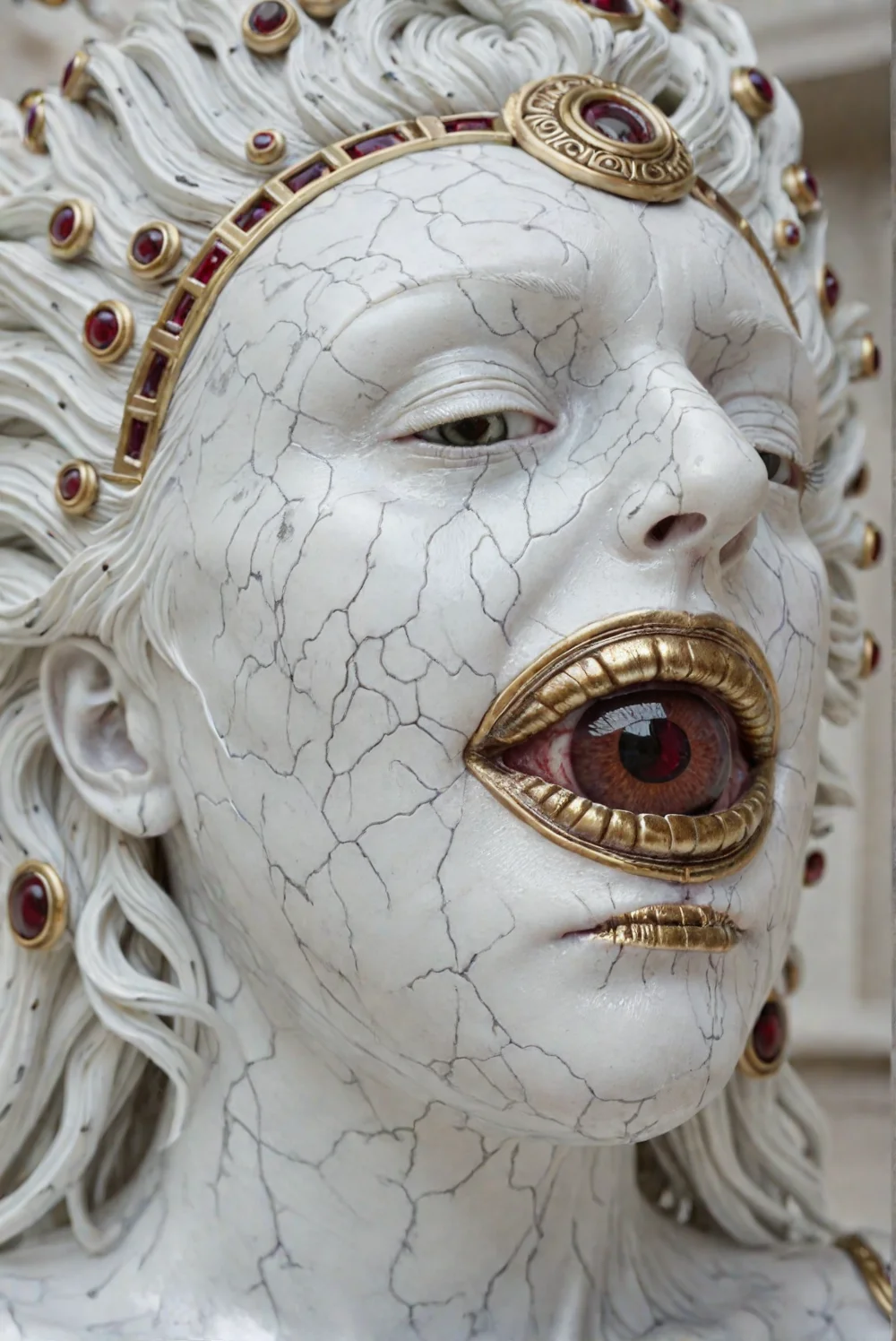 1000x1500, 1000 x 1500; Upper body portrait, in the style of dark white and light bronze, gold filigree, fierce alien priest on an alien planet, adorned with garnet and bloodstone gemstones, standing in ancient white marble temple, extremely detailed head and face, (eye contact with viewer), hyper detailed, hyper quality, artstation award winner, Epic realism, meticulous masterpiece, epic action, cinematic, award winning artwork, many details, patterned illumination, bad VHS tape image artifacts, 1000x1500. All surface textures are highly realistic and varied, even on the same surface, showing the attention to detail of reality, and the painstaking time taken to craft this image. All textures are in some areas slightly more or less sparse and varied to ensure a realistic appearance, and this level of care applies to every centimeter of the picture. In reality, things are rarely perfect, and flaws are considered beautiful, and this composition embraces and uses these flaws to create truth. From the varying textures of surfaces, each one bringing something new and unique to the composition, and the imperfections or random variation in anatomical configurations, each things is perfect in its imperfection, telling a story of in its textures and complexity, 1000 x 1500. The most compelling work of art ever produced, every intricate detail holding a narrative or philosophical concept that entrances. The entire composition is lauded by the modern masters as truly mesmerizing, the artwork itself considered by some too sacred to even show the common world. The work is dynamic and complicated, with multiple forms of media layered in complex and innovative ways, at times mind-bending in the creative solutions the artist found to produce what is lauded as the only truly creative work ever produced by mankind