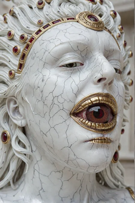 1000x1500, 1000 x 1500; Upper body portrait, in the style of dark white and light bronze, gold filigree, fierce alien priest on an alien planet, adorned with garnet and bloodstone gemstones, standing in ancient white marble temple, extremely detailed head and face, (eye contact with viewer), hyper detailed, hyper quality, artstation award winner, Epic realism, meticulous masterpiece, epic action, cinematic, award winning artwork, many details, patterned illumination, bad VHS tape image artifacts, 1000x1500. All surface textures are highly realistic and varied, even on the same surface, showing the attention to detail of reality, and the painstaking time taken to craft this image. All textures are in some areas slightly more or less sparse and varied to ensure a realistic appearance, and this level of care applies to every centimeter of the picture. In reality, things are rarely perfect, and flaws are considered beautiful, and this composition embraces and uses these flaws to create truth. From the varying textures of surfaces, each one bringing something new and unique to the composition, and the imperfections or random variation in anatomical configurations, each things is perfect in its imperfection, telling a story of in its textures and complexity, 1000 x 1500. The most compelling work of art ever produced, every intricate detail holding a narrative or philosophical concept that entrances. The entire composition is lauded by the modern masters as truly mesmerizing, the artwork itself considered by some too sacred to even show the common world. The work is dynamic and complicated, with multiple forms of media layered in complex and innovative ways, at times mind-bending in the creative solutions the artist found to produce what is lauded as the only truly creative work ever produced by mankind