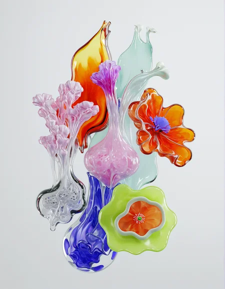 3d render, arrangement of fluid organic forms, vivid tones, delicate, glass textures, light bloom <lora:3d-render-v2:1>