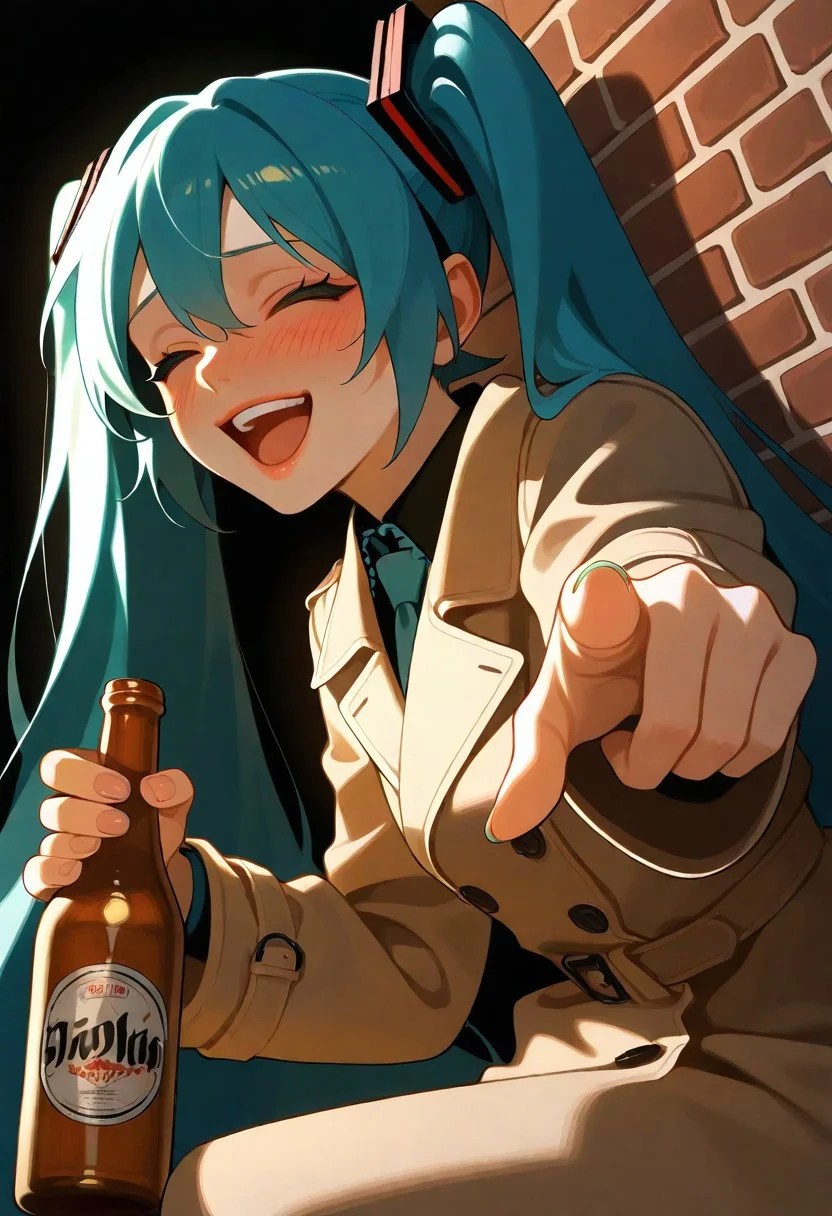 1girl, solo, hatsune miku, lips, trench coat, holding beer bottle, pointing at viewer, laughing, slav squatting, closed eyes, blush, brick wall, dutch angle, dark night, sidelighting, masterpiece, best quality, very aesthetic