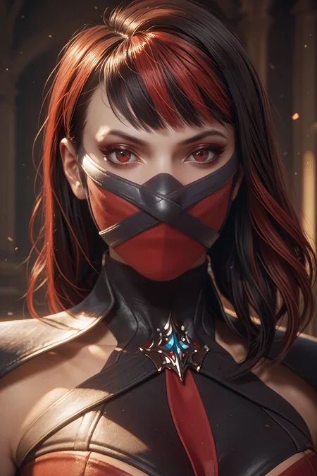 score_9, score_8_up, score_7_up, score_6_up
<lora:MKScarlet:0.8>
MKScarlet, 1girl, black hair, red hair, ombre hair, red eyes, mask, looking at viewer, portrait