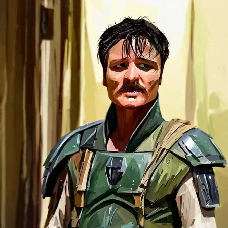 Pedro Pascal in mandalorian armor <lora:albeniz-rodriguez-style-v2:1> albeniz rodriguez style