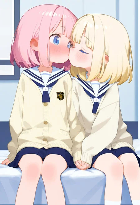 score_9,score_8_up,2girl, wife, pale blue eyes, cute, blond hair, pink hair, haiz_ai, young woman, small breast, short, petite,(no lineart),(no outline), very aesthetic, sitting side by side, blushing, kissing, school uniform, beige cardigan, bed, sitting on bed, kiss on lips, passionate kiss, lovestruck, heavy blushing, holding hands, deep kiss, hugging
