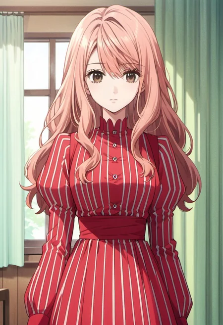 score_9, score_8_up, score_7_up, source_anime, igarashi iroha, light pink hair, long hair, brown eyes, 1girl, solo, dress, red dress, long sleeves, vertical stripes, puffy sleeves, striped, curtains, indoors